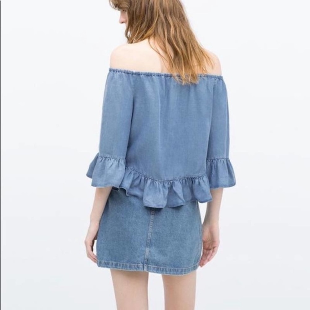 Zara premium denim Chambray peplum off the shoulder ruffle top - Picture 4 of 5